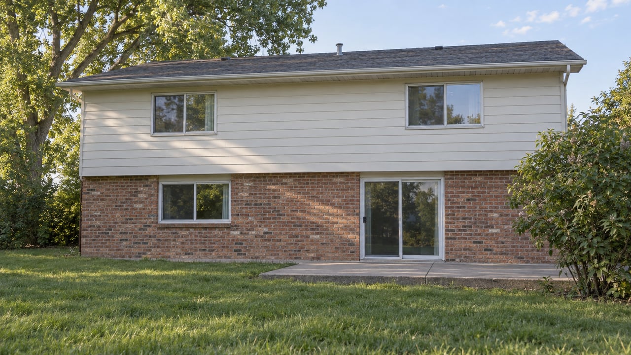 Split-level house with off-white siding, a concrete patio, and lawn beneath a broad tree.