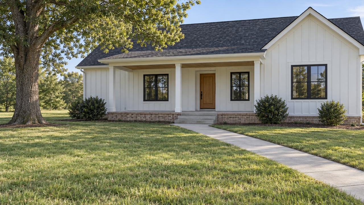 White board-and-batten house with a raised covered porch, approached by a diagonal concrete walk across a deep lawn.