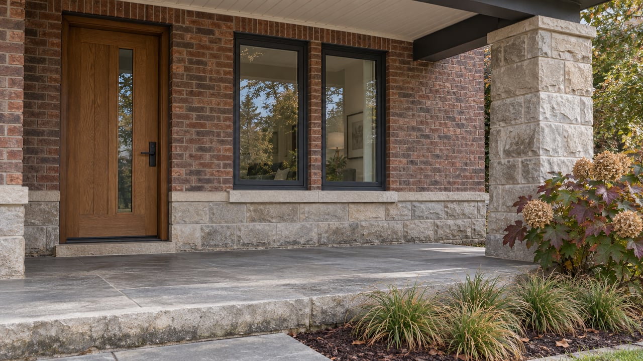 Covered home entry with an oak door, paired dark-framed windows, limestone masonry and autumn planting.