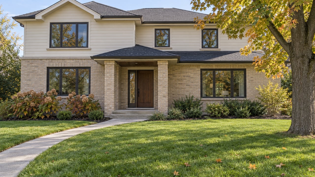Updated two-story buff-brick and ivory-sided home beyond a deep lawn, with dark-framed windows and an autumn maple.