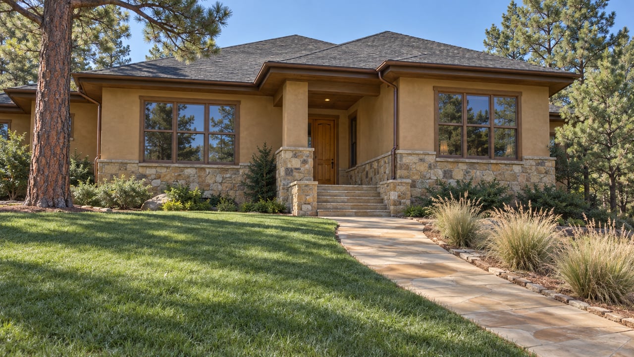 A warm stucco and stone home with a broad hipped roof overlooks a sloping lawn and sandstone approach, framed by sculptural pines.