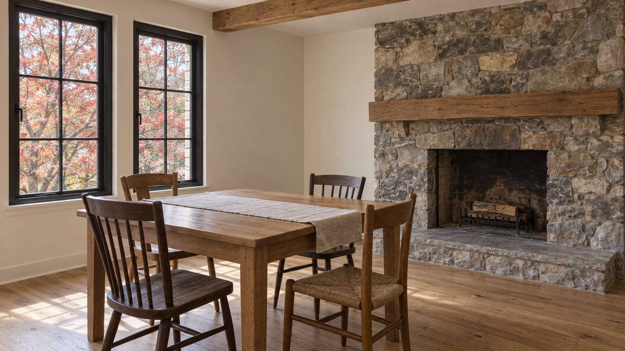 Oak dining table and four timber chairs between black-framed windows and a broad fieldstone fireplace.