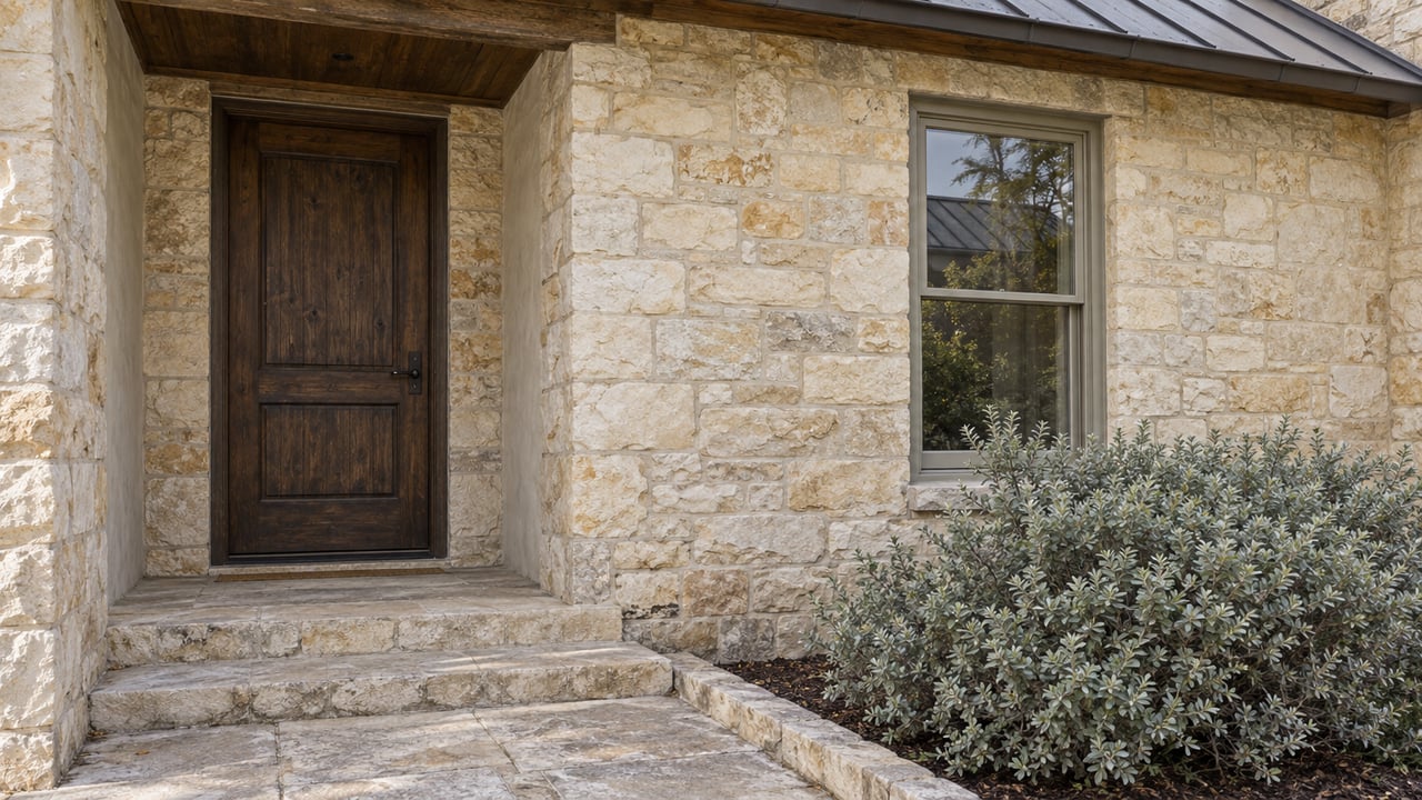 Limestone house entrance with a dark timber door, double-hung window, and clipped silver-leaved shrub.