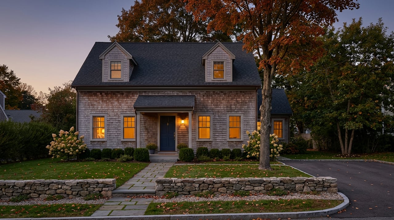 Two-story shingle house at dusk, amber windows, dormers, orange-red maple, and fieldstone wall.