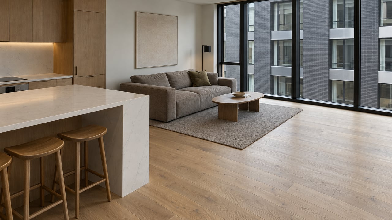 Daylit condominium living room with pale oak floors, a white waterfall kitchen island, and full-height windows facing a nearby brick residential building.