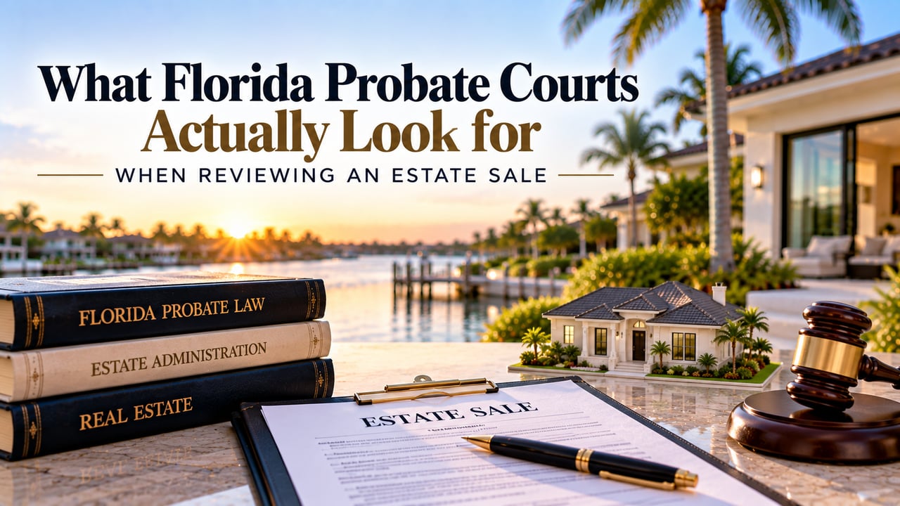 Florida waterfront estate with probate documents, real estate records, and a judge’s gavel, illustrating what probate courts review in an estate property sale, including fair market value, personal representative authority, beneficiary protection, and proper documentation.