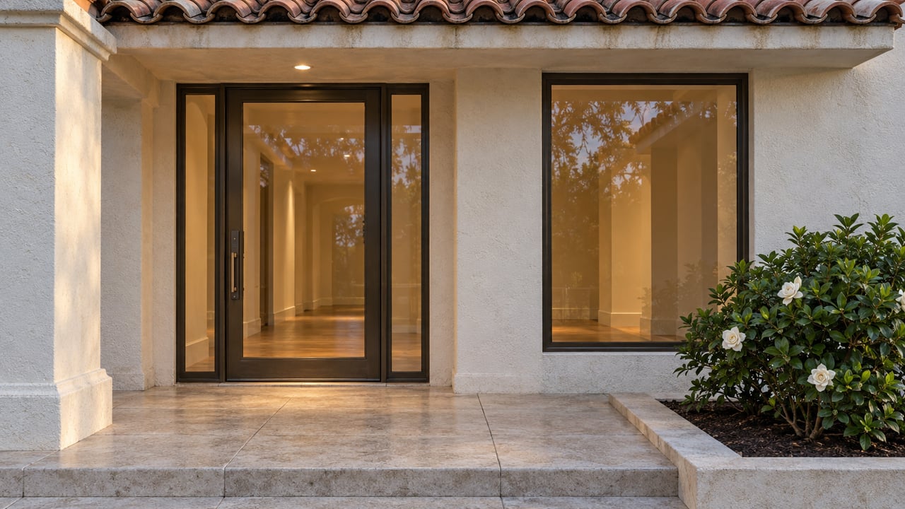 Covered home entry with cream stucco, terracotta roof tiles, bronze-framed glass and a limestone landing beside a flowering gardenia.
