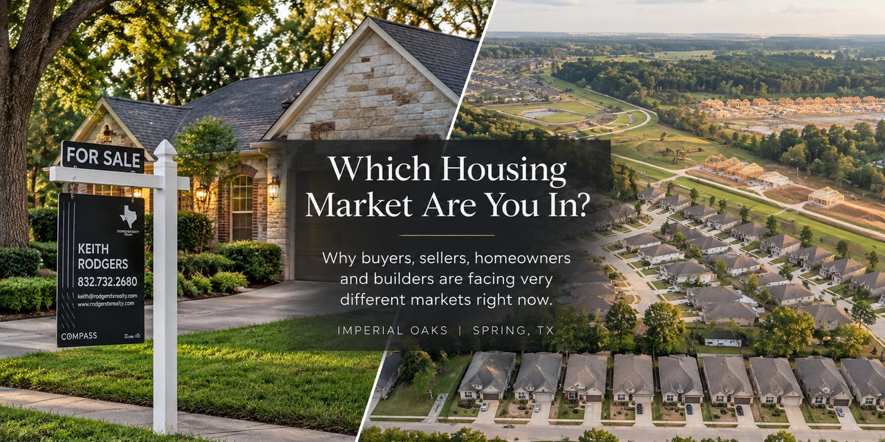 Imperial Oaks real estate graphic asking which housing market buyers, sellers, homeowners, and builders are in.