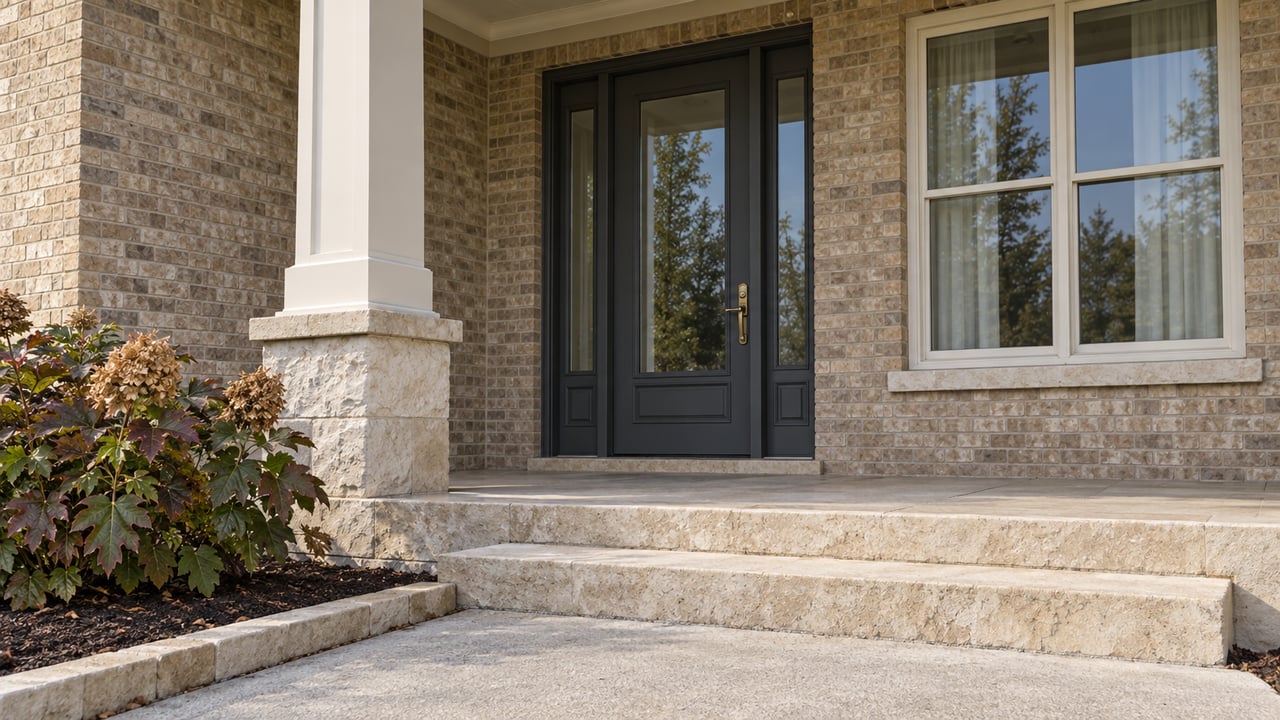 Buff-brick home entry with a charcoal glazed door, limestone steps and an oakleaf hydrangea beside the walk.