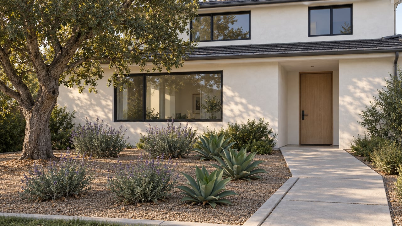 White stucco home with black-framed windows, a sheltered oak door, and a deep front garden planted with oak, sage, and sculptural agaves.