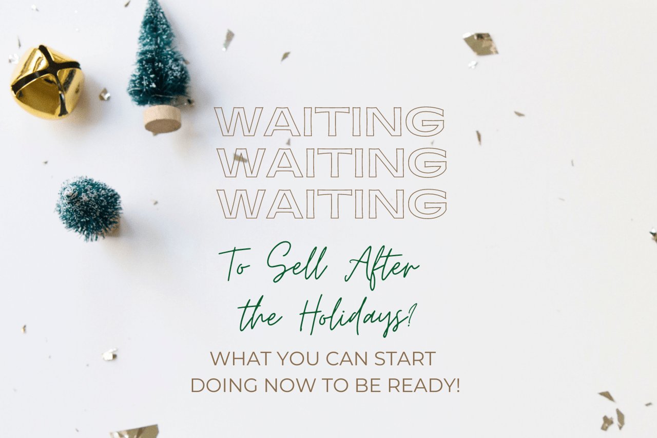 Preparing to sell a home after the holidays, with small evergreen trees and gold ornaments.