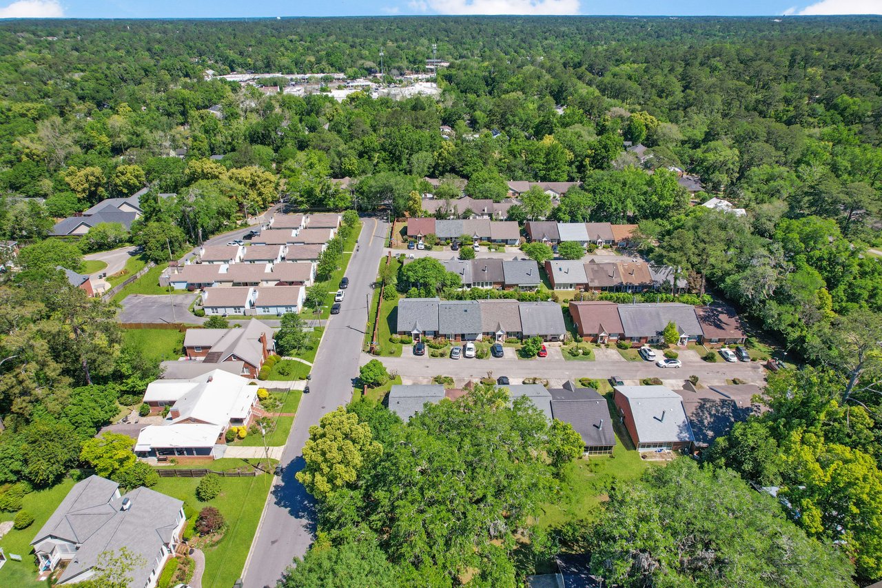 An aerial view of the Terrace Park neighborhood, focusing on the housing layout and greenery.
