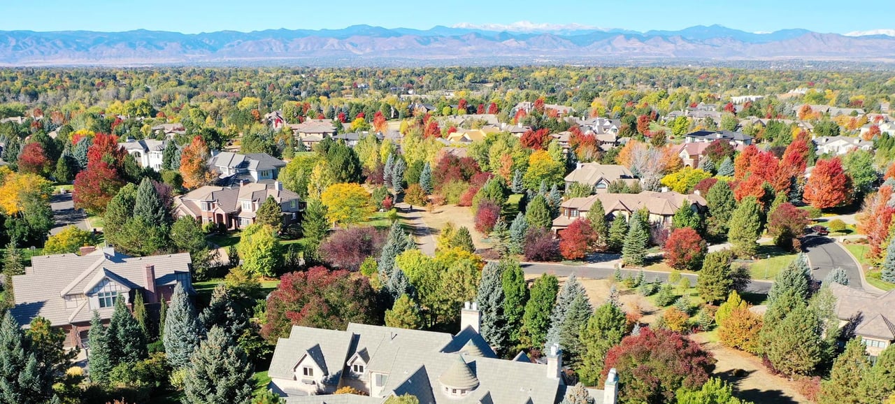 Aerial view of a residential neighborhood in fall