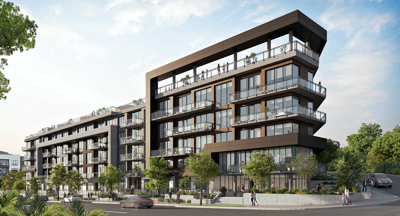 Exterior rendering of Athena at the Park, a luxury condominium building in Nashville's West End with modern design and skyline views.