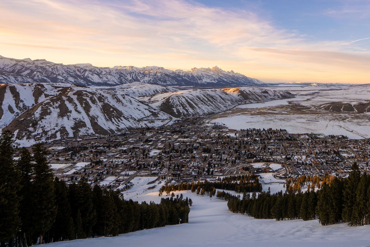 Winter aerial image town of Jackson at sunset