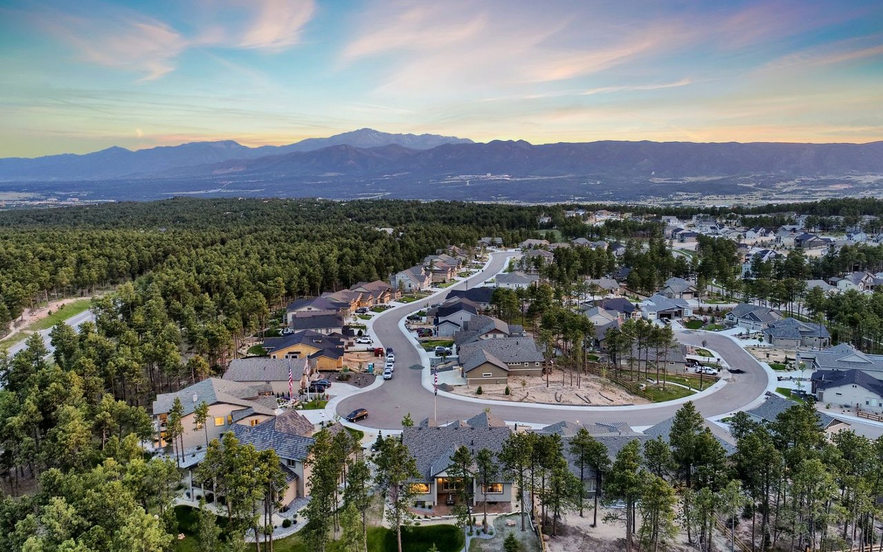 An aerial view of a residential neighborhood located in a forested area with rolling hills in the background