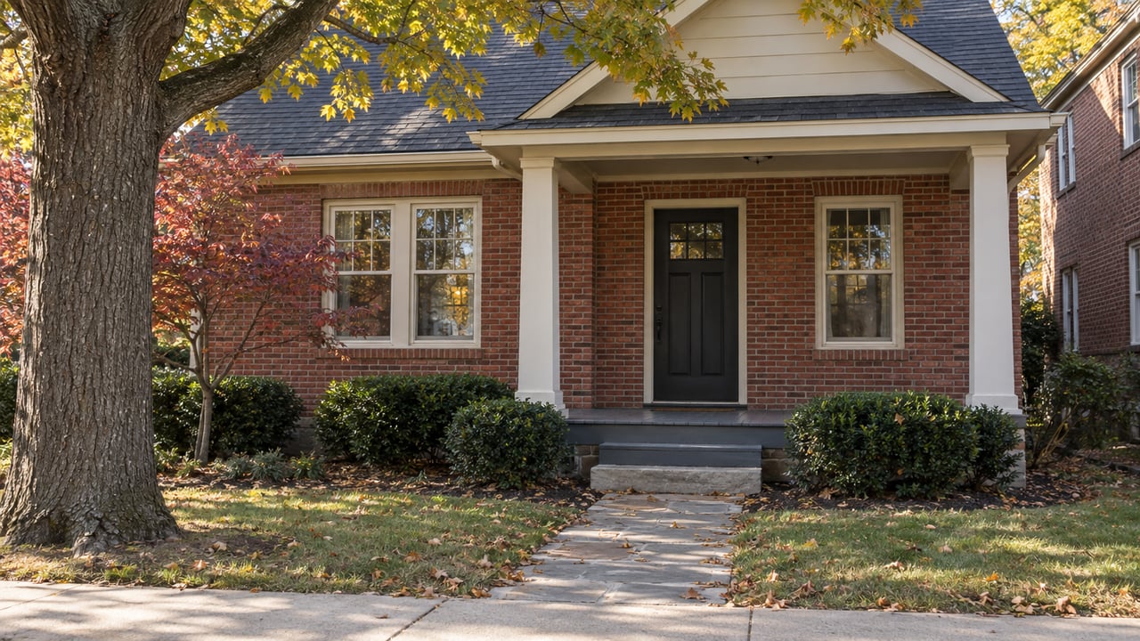 Red-brick house with cream porch columns, a flagstone walk, and an oak shedding yellow leaves.