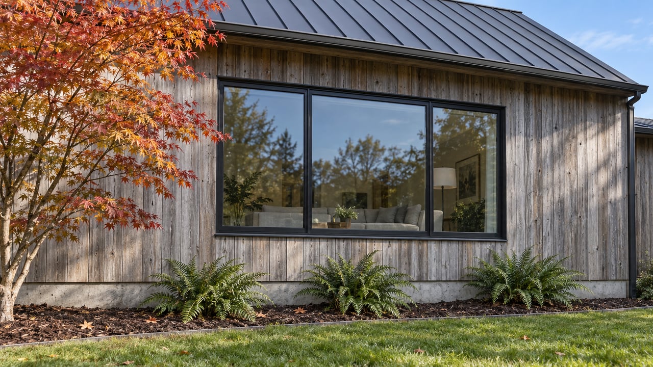 Gray cedar home with a charcoal gable roof, black-framed window, red-gold vine maple and sword ferns beside a maintained lawn.