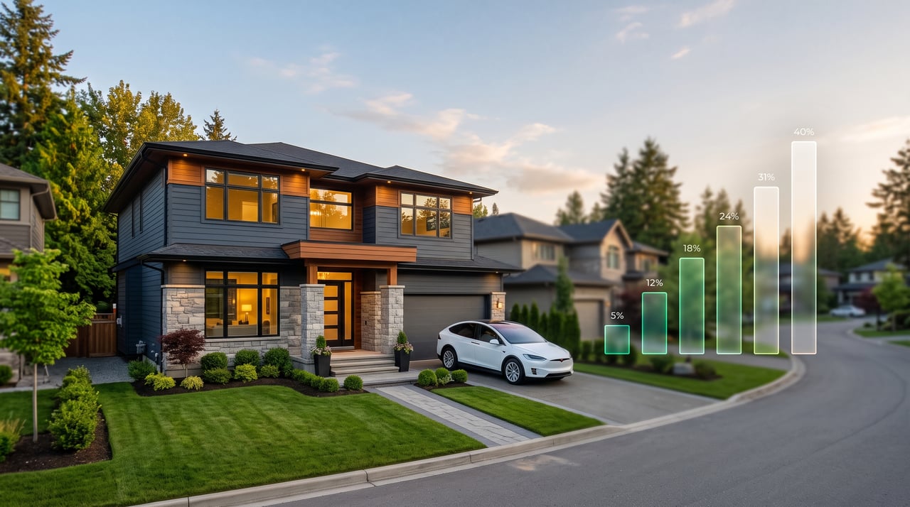 Modern home at sunset beside rising bars labeled 5% to 40%.
