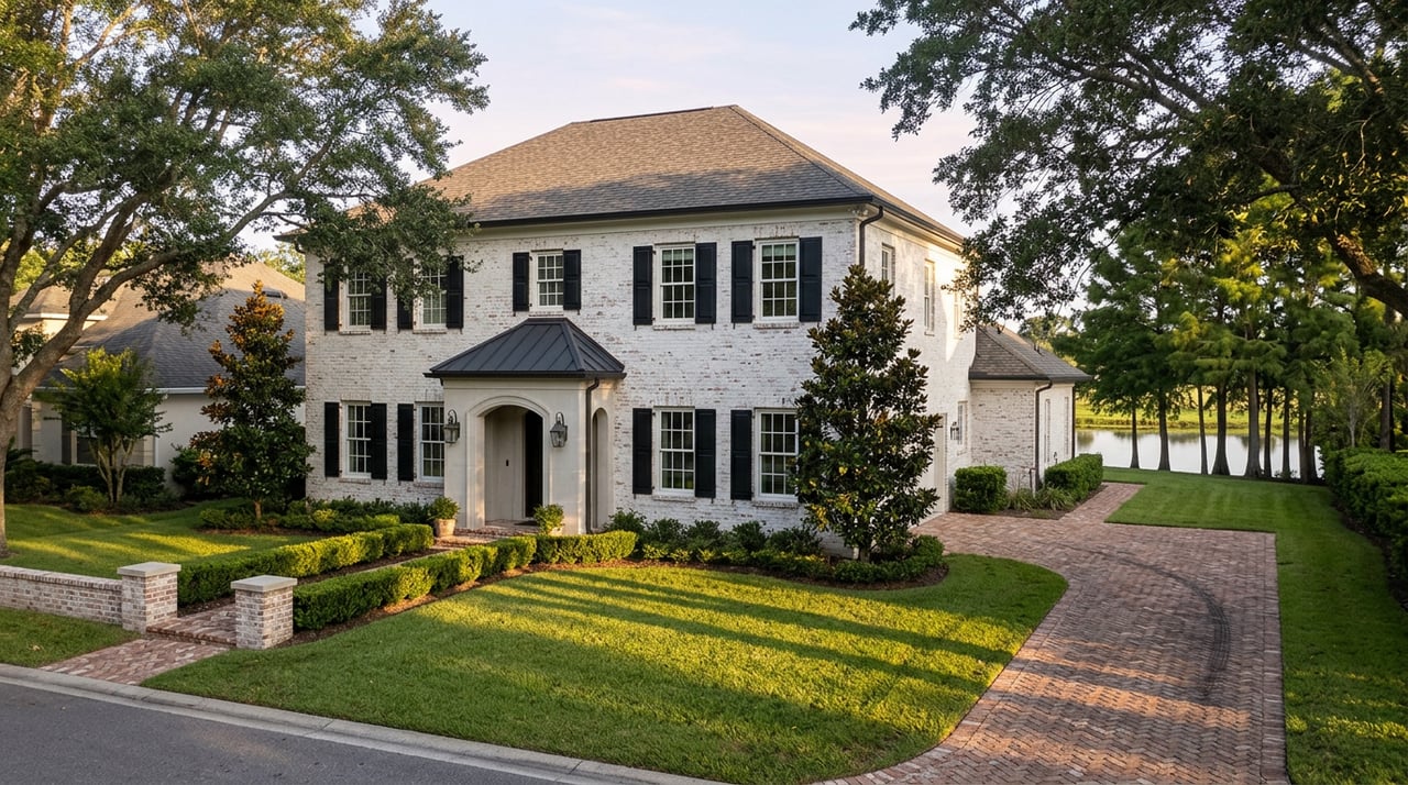 White brick estate with black shutters, a curved brick driveway, and a broad lawn beneath mature live oaks.