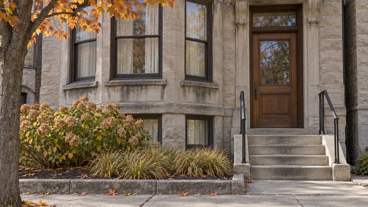 Autumn sunlight on a limestone walk-up with bay windows, a recessed oak door and a small planted setback.