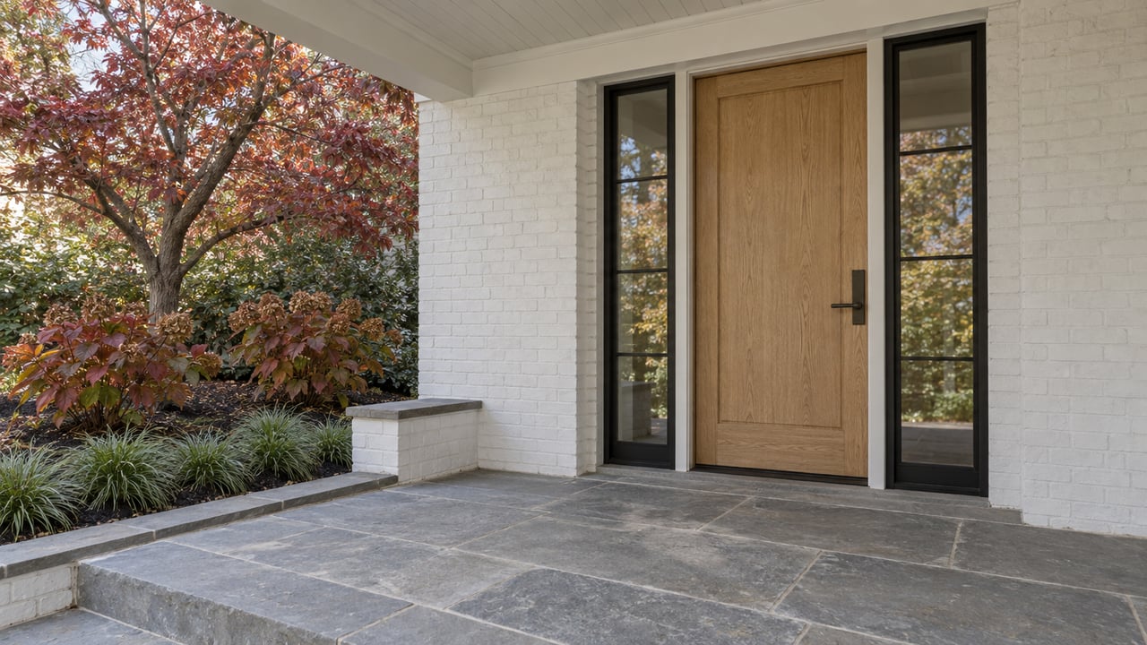 White-painted brick entry with a pale oak door, paired black-framed sidelights, and a bluestone porch beside autumn dogwood and oakleaf hydrangeas.
