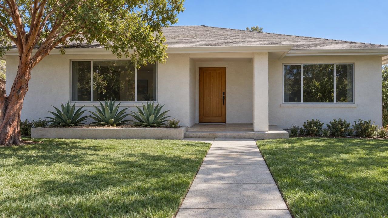 Light-stucco single-story home beyond a deep lawn and concrete walk, with a russet-barked tree and three sculptural agaves.
