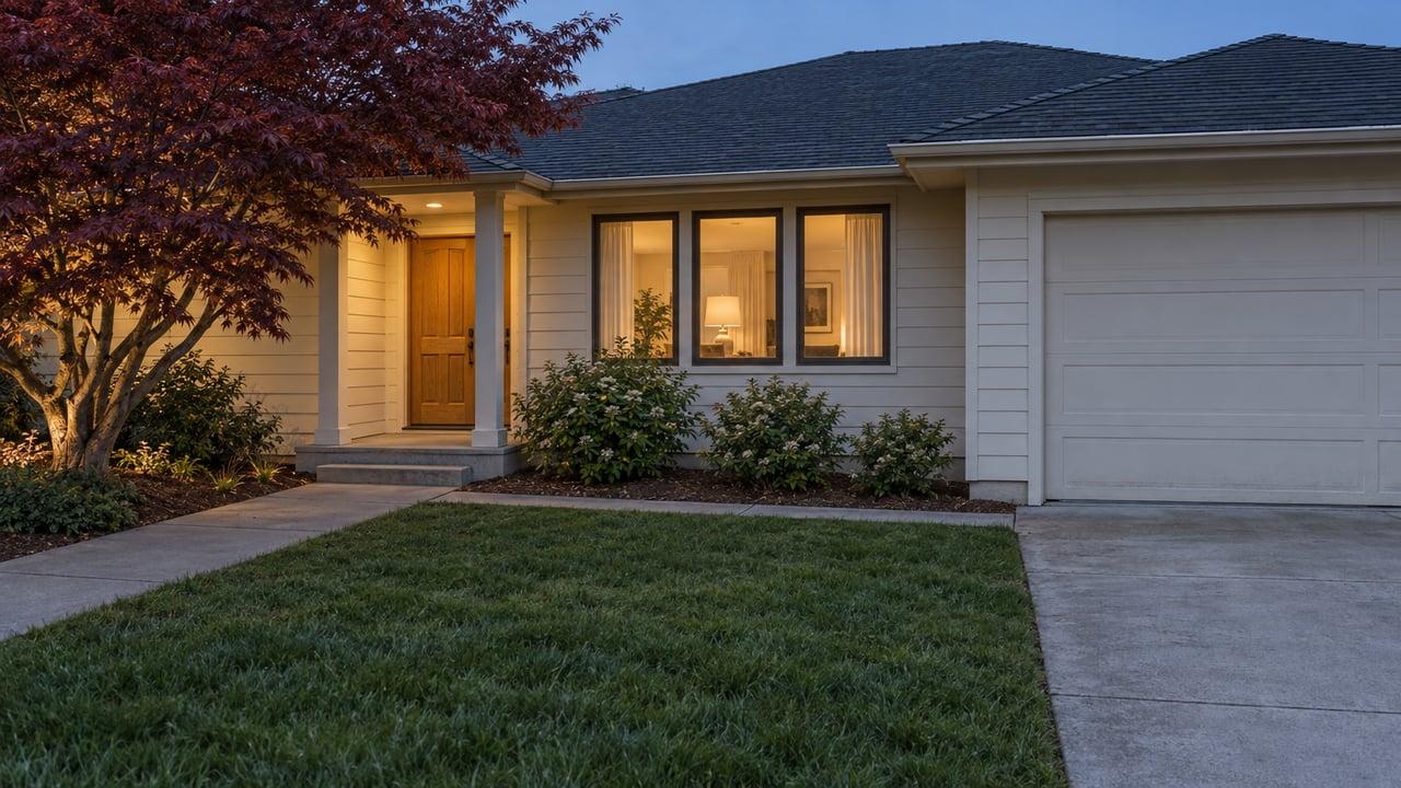 Single-story home at dusk with a warmly lit entry, attached garage, and burgundy-leaved Japanese maple.