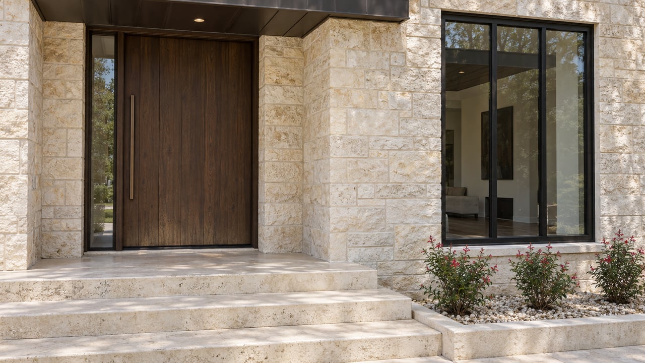 Cream limestone entry with a dark oak door, black-framed window, broad stone steps, and red-flowering sage beside a gravel bed.