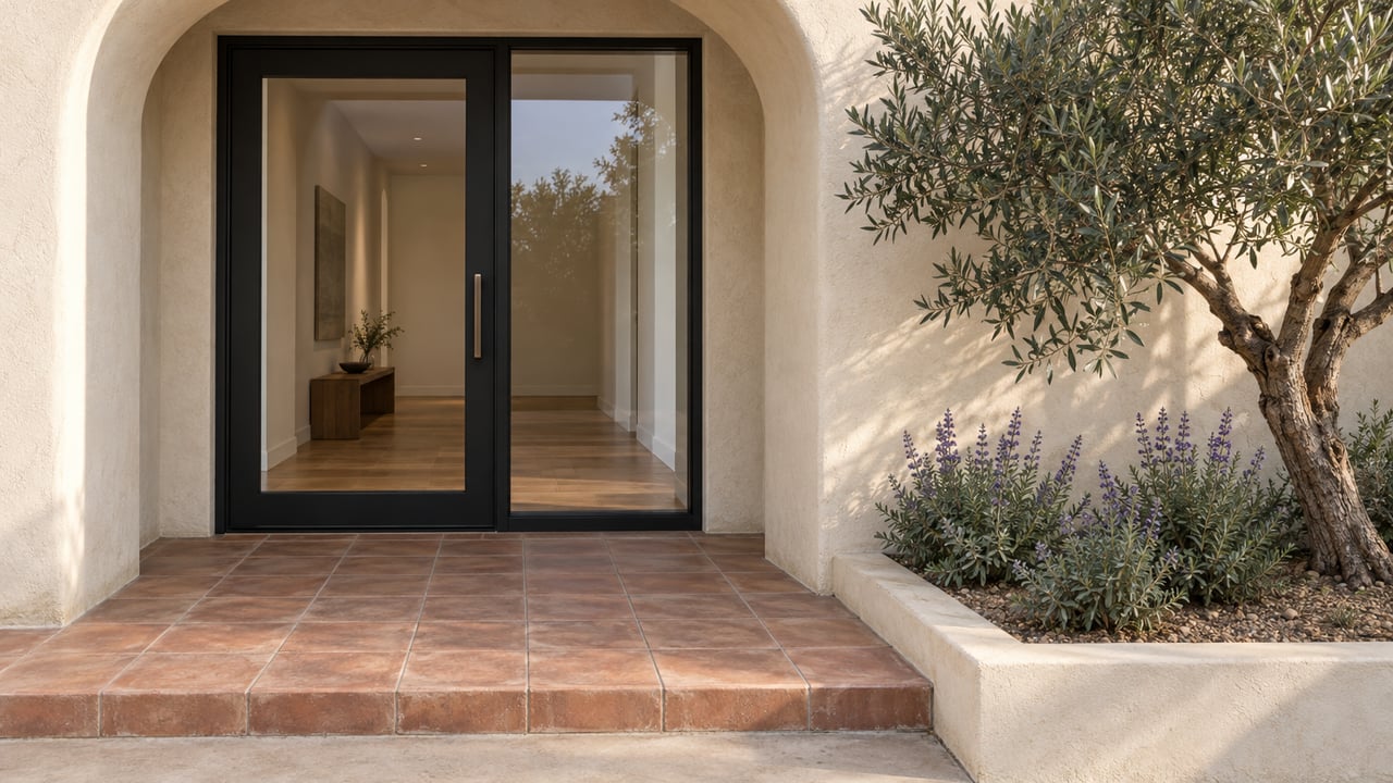 Cream stucco arched residential entrance with a closed black steel-framed glass door, weathered terracotta terrace, and a sculptural olive tree.