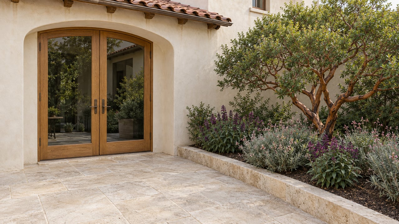 Warm stucco home with paired arched glass doors opening onto a limestone terrace beside a sculptural manzanita and flowering native plants.