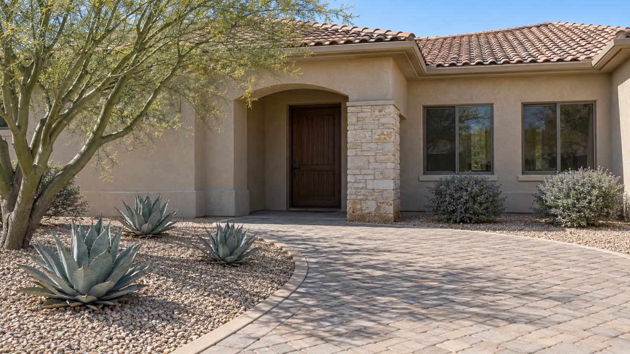 Low-angle view across a paved front approach to a sand-stucco home with a recessed arched entrance, terracotta roof, pale limestone pier, and water-wise planting.