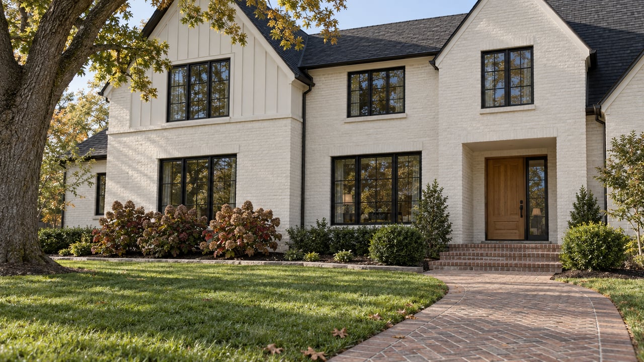 Light-painted brick home with steep gables, black-framed windows and an autumn oak beside a brick front walk.