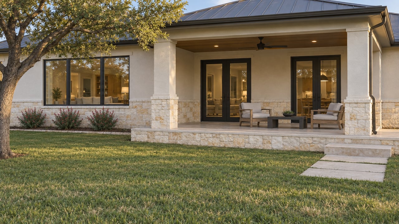 Stone and ivory stucco home with a covered patio, closed black-framed glass doors, teak chairs and a broad lawn.