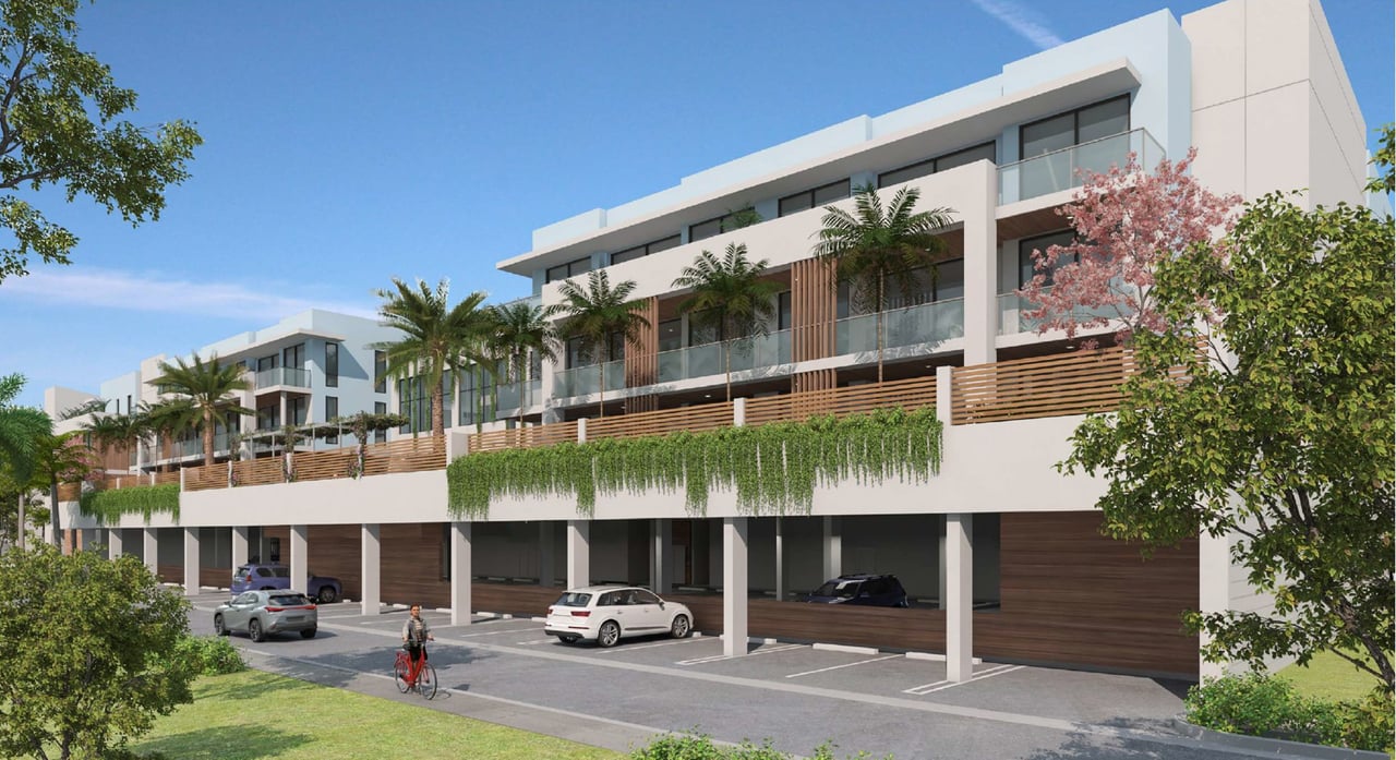 Ónix Delray Beach corner exterior rendering showing the building and ground-floor frontage.
