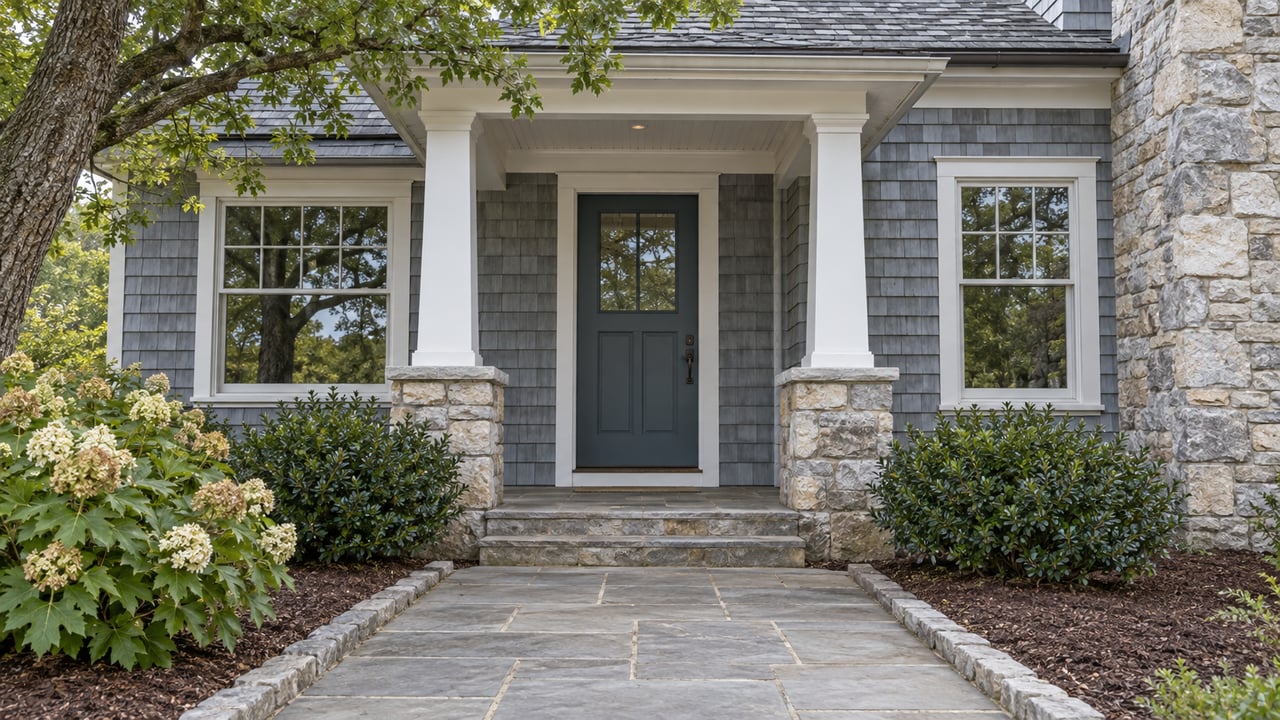 Recessed entry in a blue-gray shingle house, framed by white columns, limestone chimney, and oak canopy.