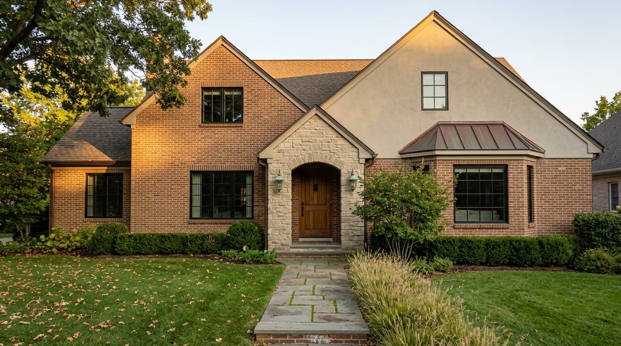 Two-story brick-and-stone home with a stucco gable, arched entry, flagstone path, and mature oak shading the lawn.