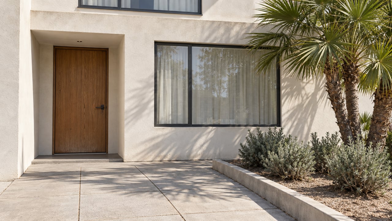 Sunlit light-stucco home with a recessed oak front door, charcoal-framed windows and a paved entry terrace beside a small planted bed.