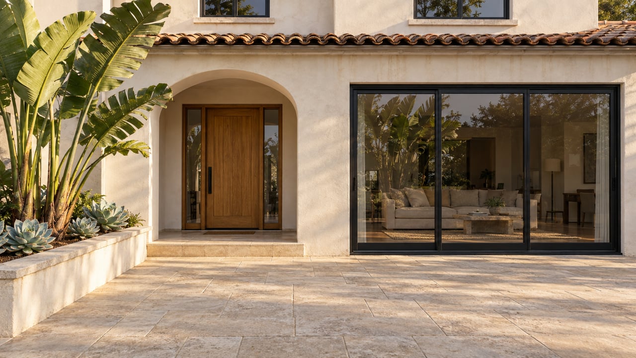 Sunlit ivory stucco home with an arched oak entry, black-framed glass doors and a limestone terrace beside a sculptural bird-of-paradise plant.