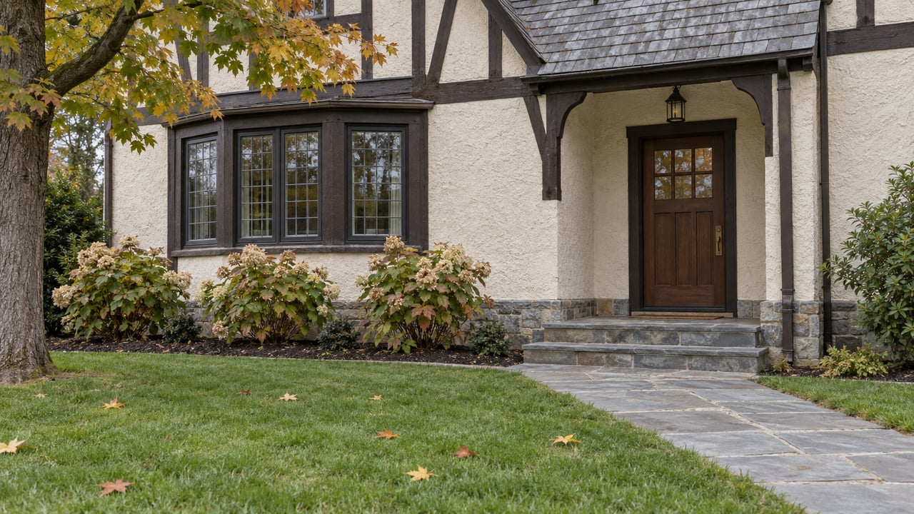 An ivory stucco and dark timber house entry with aged bluestone steps, leaded windows, amber maple leaves, and a generous green lawn.