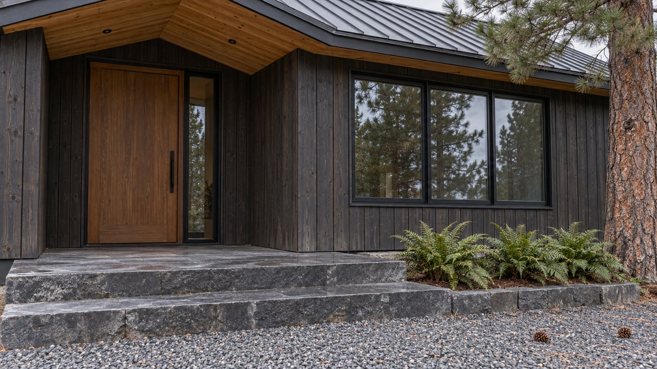 Modern home entrance with dark wood siding, a warm wood door, stone steps, and pine trees.