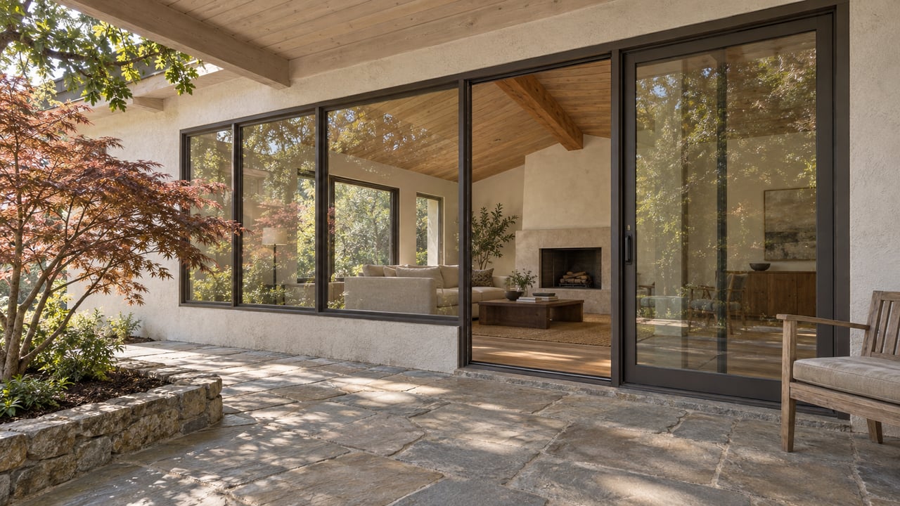 Stone terrace and copper-red Japanese maple beside a glazed ranch-home living room with exposed wood ceiling beams.