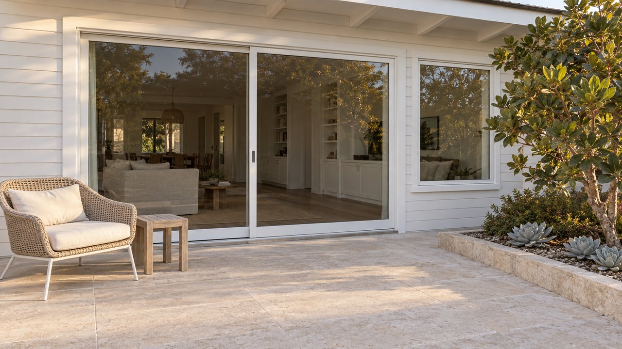 Sunlit limestone terrace beside a white-sided home, with woven seating, closed glass doors and sculptural native planting.