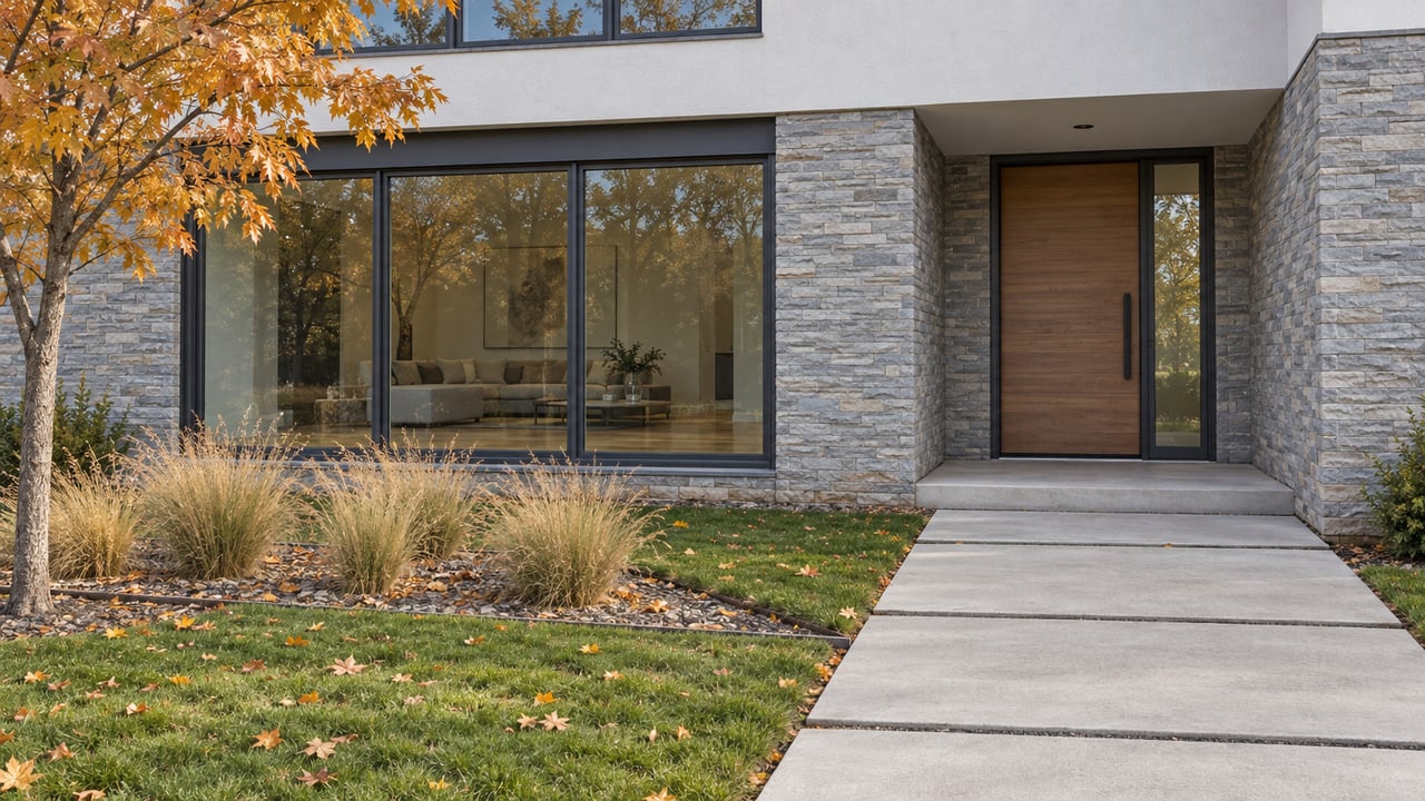 Contemporary home entry with gray stacked stone, a wood front door, broad glazing and an autumn maple beside the concrete approach.