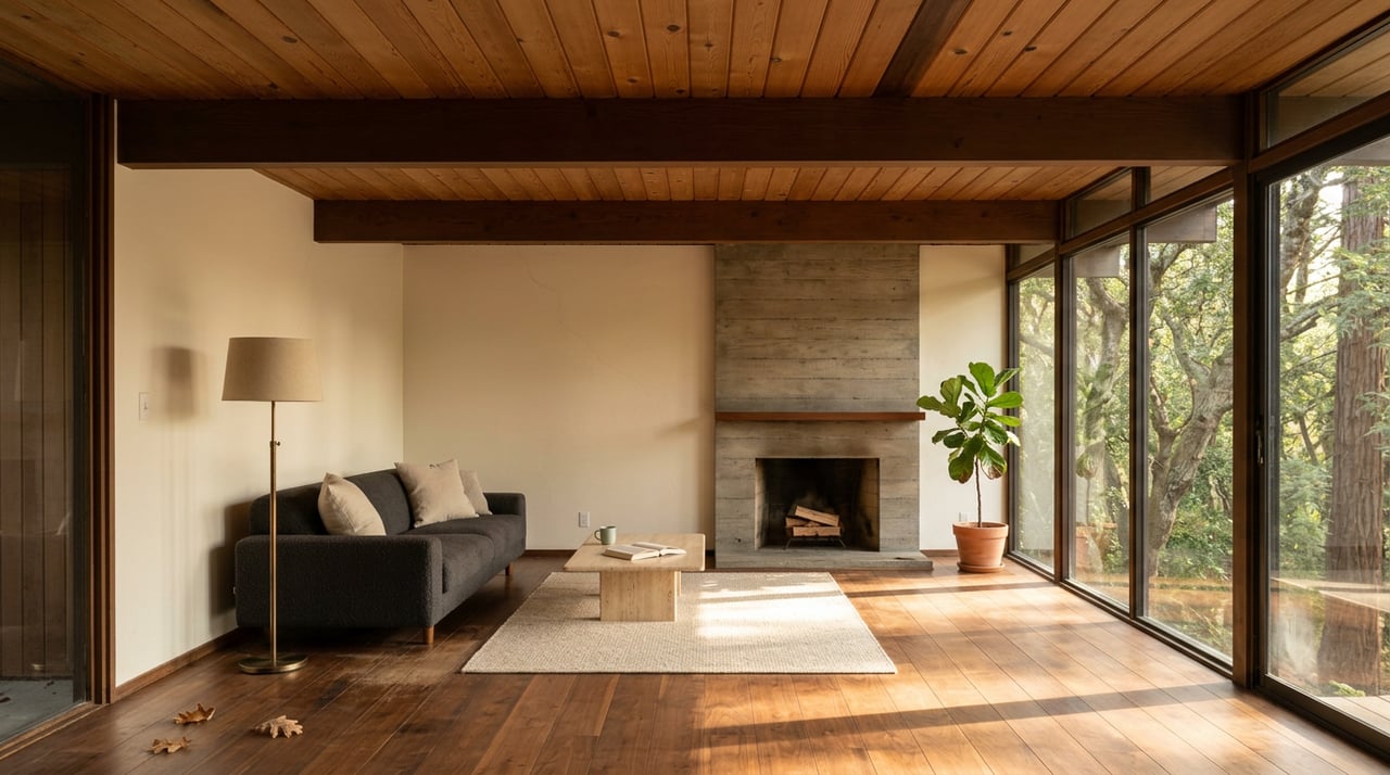 Mid-century living room with exposed beams, a concrete fireplace, and redwood and oak trees beyond the glass wall.