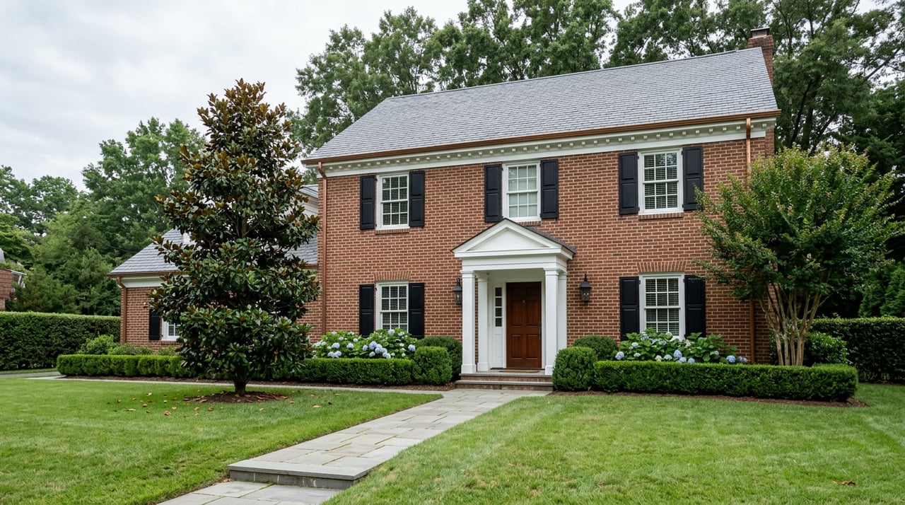 Two-story red-brown brick Colonial with a white-trimmed portico, mature magnolia, clipped hedges, and a paver walkway.