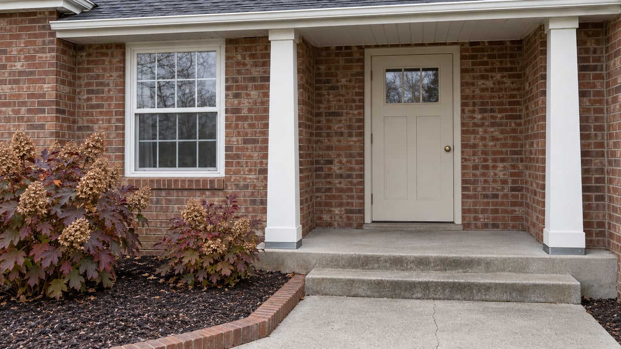Brick cottage entry with cream door, white porch posts, worn concrete steps and oakleaf hydrangeas in autumn foliage.