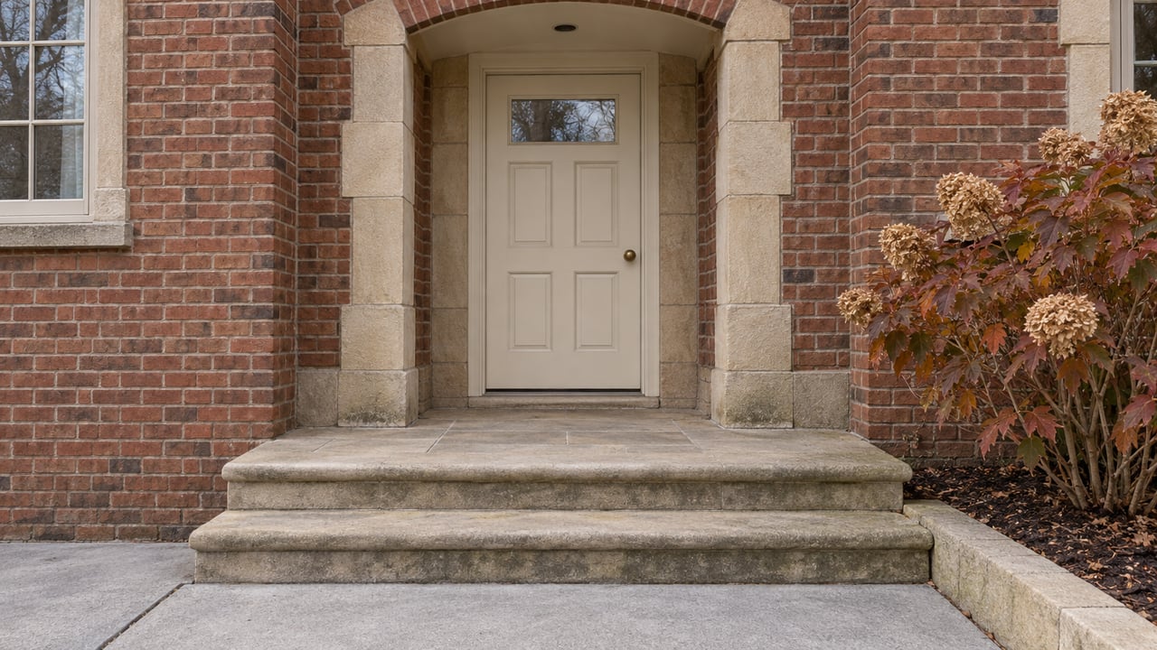 Russet brick cottage entrance with an ivory paneled door, weathered sandstone steps and copper-leaved oakleaf hydrangea.