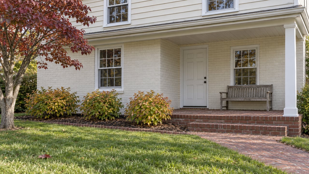 A cream-sided two-story home with a brick porch, white door, wooden bench and autumn dogwood beside a deep lawn.