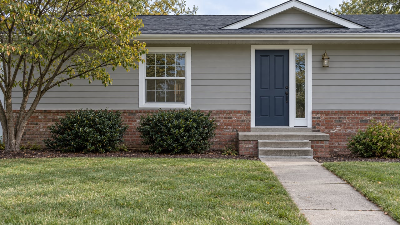 Raised-ranch home with gray siding, red-brick foundation, blue entry door, and a concrete walk across the lawn.